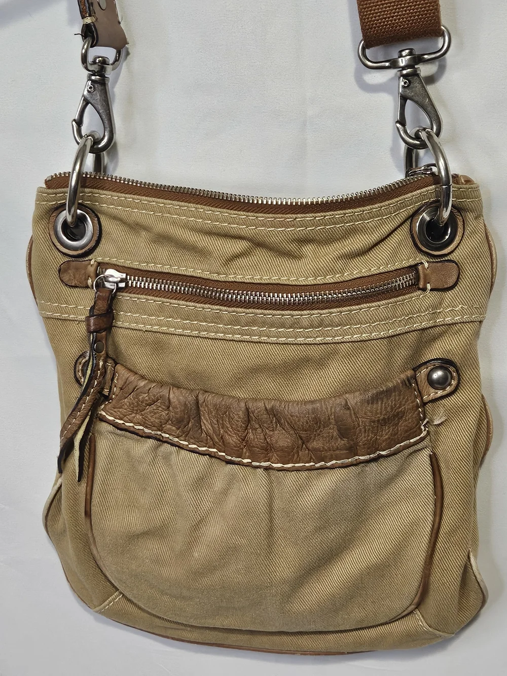 Vintage Fossil Y2K Khaki Canvas Crossbody Utility Field Bag Leather Trm Boho 90s